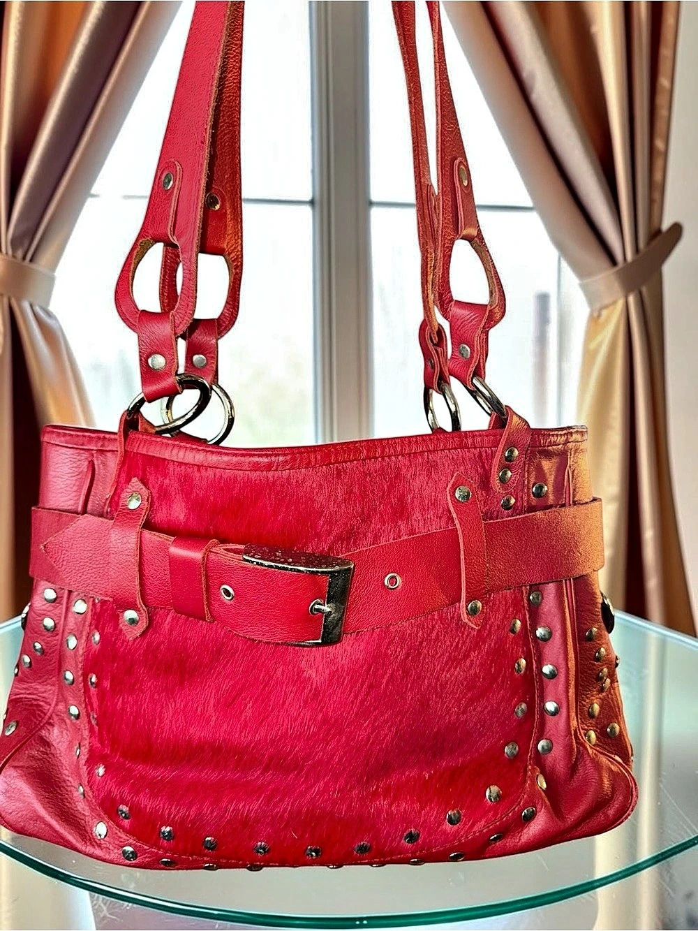 Red Calf Hair and Leather Studded Shoulder Bag